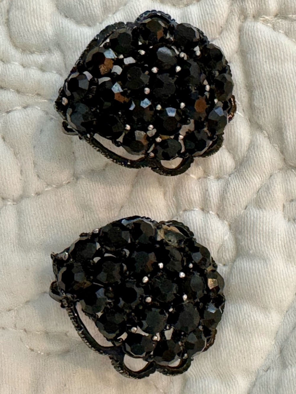 Vintage Weiss signed prong-set faceted black glass crystal clip-on earrings